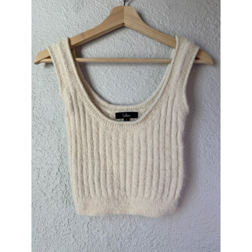 Lulus Cream Fuzzy Ribbed Knit Scoop Neck Cropped Tank Top Small Ivory Sleeveless